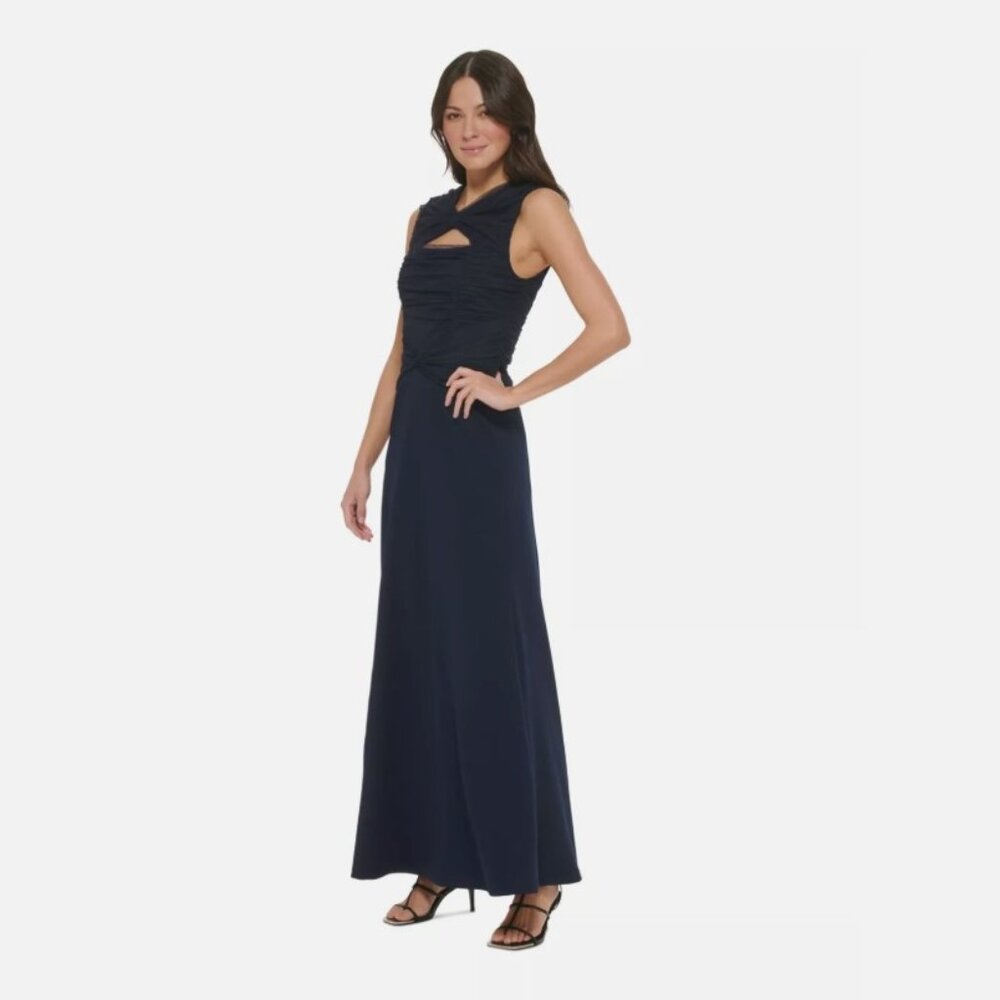 NWT DKNY Women's Navy Ruched Twist Front Keyhole Sleeveless V Neck Dress SZ 2